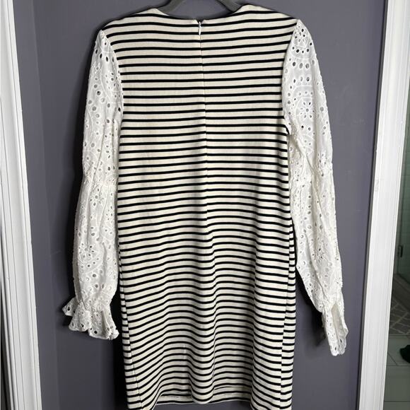 English Factory Navy Blue and White Striped Sheath Dress With Eyelet Sleeves Sm - Picture 6 of 6
